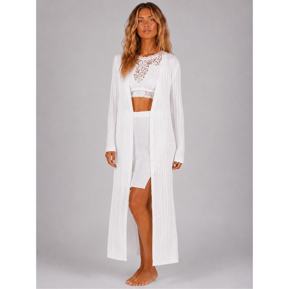 NWT Skull Cashmere 100% Linen White Ribbed Long Duster Cardigan Button Front Siz